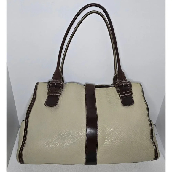 LEVENGER BRIEFCASE SHOULDER WORK TOTE BAG 3 COMPARTMENTS Creme/Tan LEATHER - Picture 3 of 14